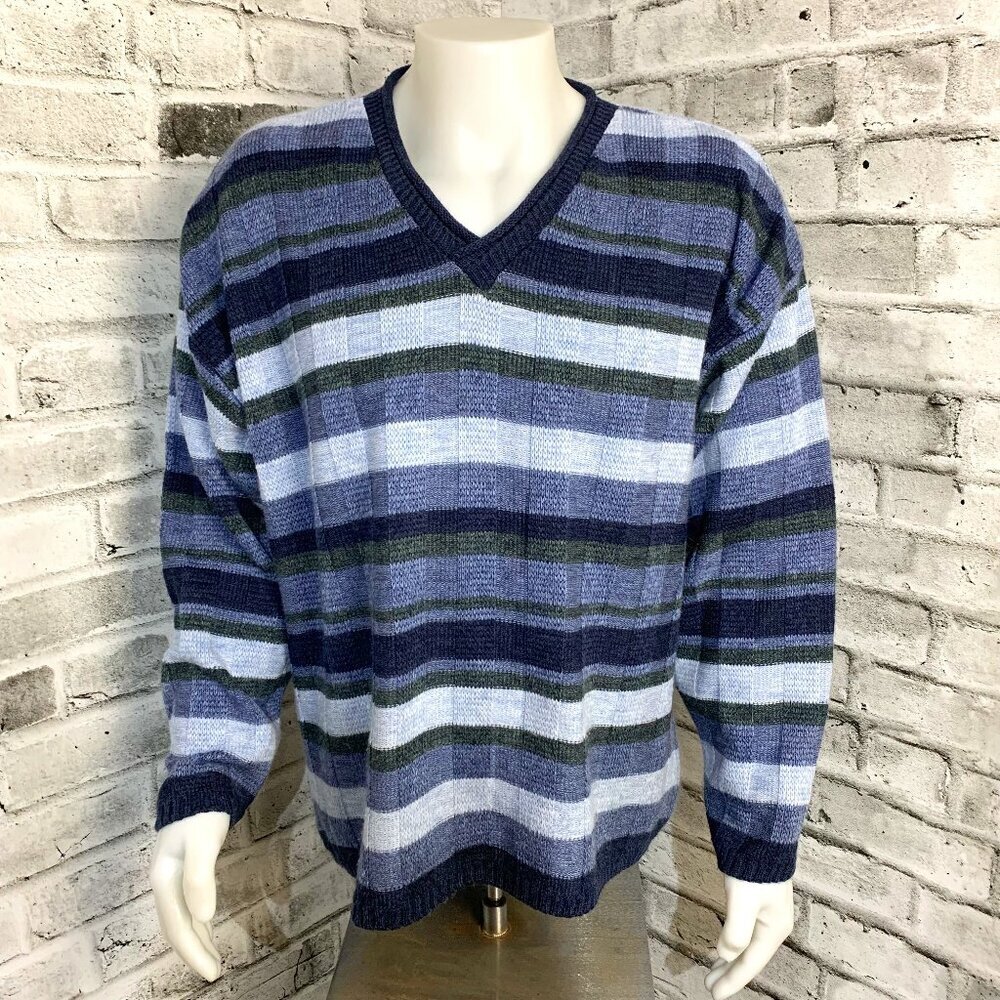 Vintage 90s Cherokee Blue Gray Striped V-Neck Casual Sweater